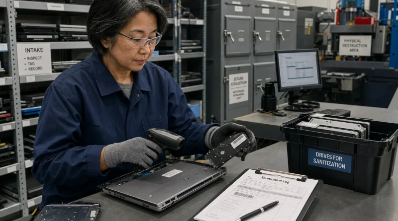 An electronics recycling technician scanning a removed hard drive before placing it into a controlled data-sanitization process