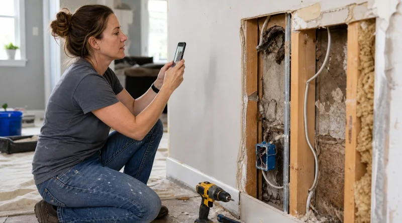 A homeowner photographs moisture damage and exposed wiring after safely setting down her tools