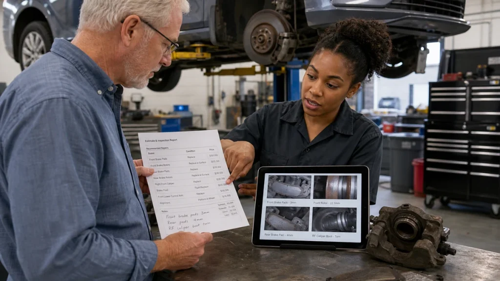 Technician connecting repair estimate line items to digital inspection photos and worn brake parts