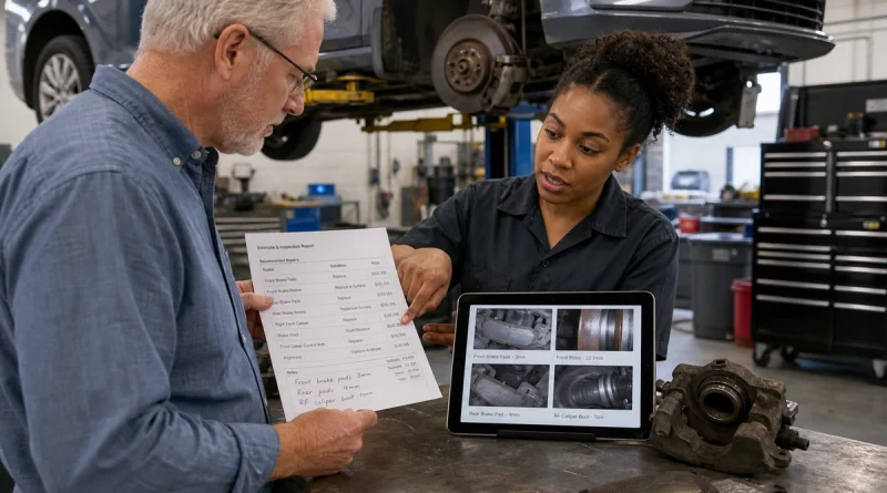 Technician connecting repair estimate line items to digital inspection photos and worn brake parts