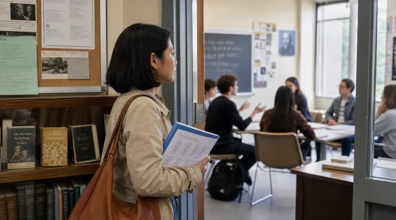 Prospective adult student comparing a humanities program guide with a live seminar