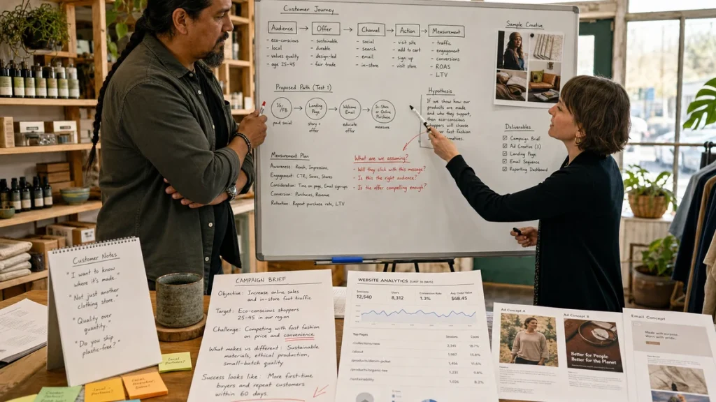 Retail business owner questioning a marketing strategy, assumptions, deliverables, and measurement plan