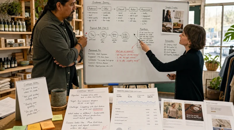 Retail business owner questioning a marketing strategy, assumptions, deliverables, and measurement plan