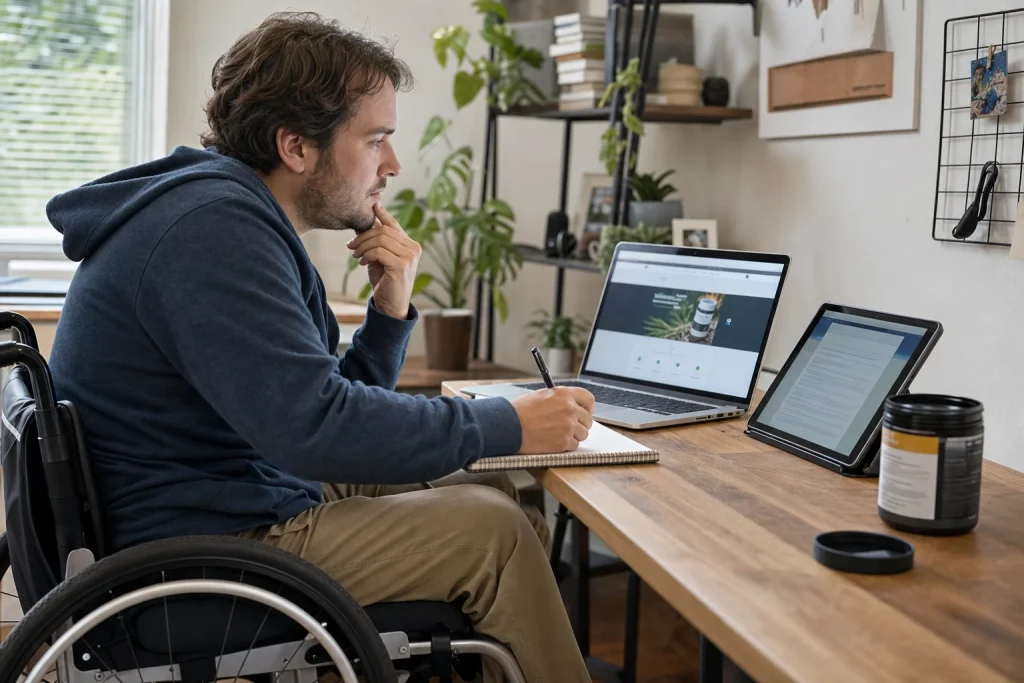 A man compares a supplement claim with a research source while taking notes at his desk