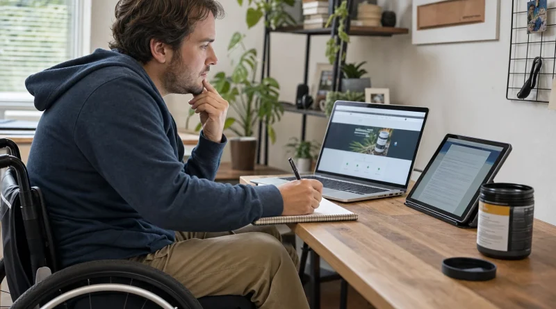 A man compares a supplement claim with a research source while taking notes at his desk
