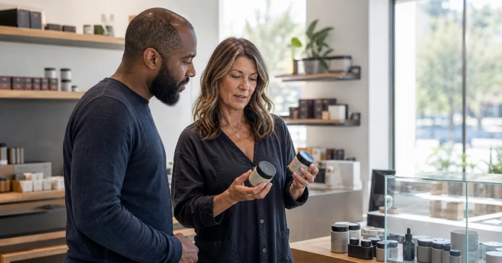 Dispensary staff member helping a customer compare options through attentive service
