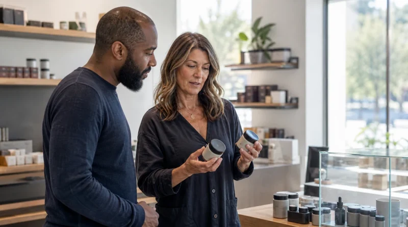 Dispensary staff member helping a customer compare options through attentive service