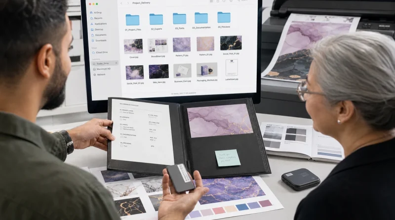 Graphic designer showing a client organized source files, print proofs, and a portable drive