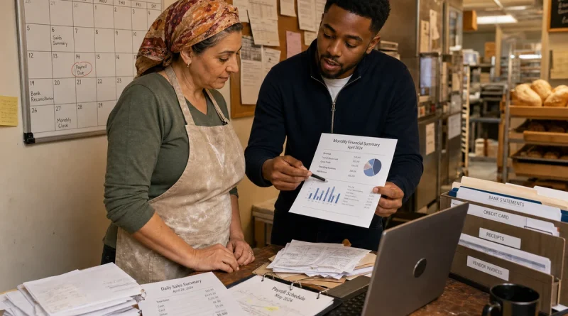 Bakery owner and accountant connecting monthly reports to sales records, payroll dates, and bank statements