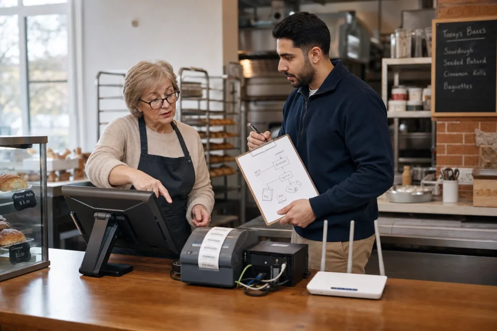 A bakery owner and IT consultant tracing a point-of-sale and network problem on site