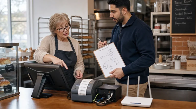 A bakery owner and IT consultant tracing a point-of-sale and network problem on site