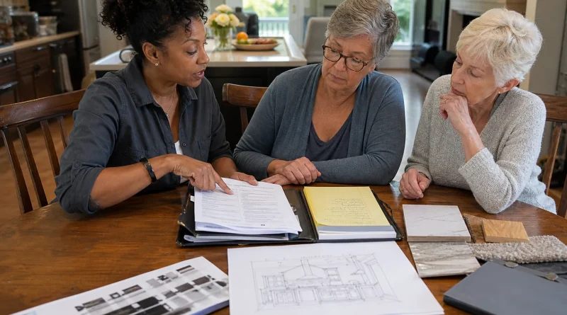 A contractor reviews scope documents and material samples with two homeowners before work begins