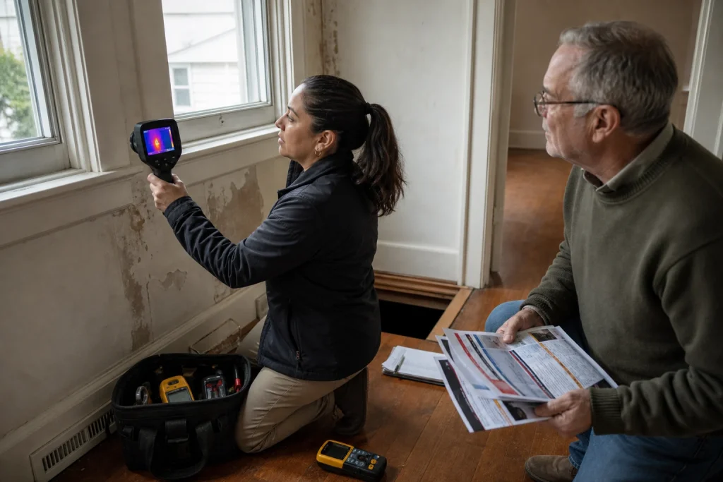 A building specialist uses a thermal camera while a homeowner holds competing improvement estimates