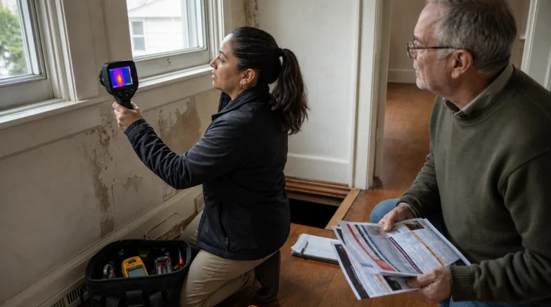 A building specialist uses a thermal camera while a homeowner holds competing improvement estimates