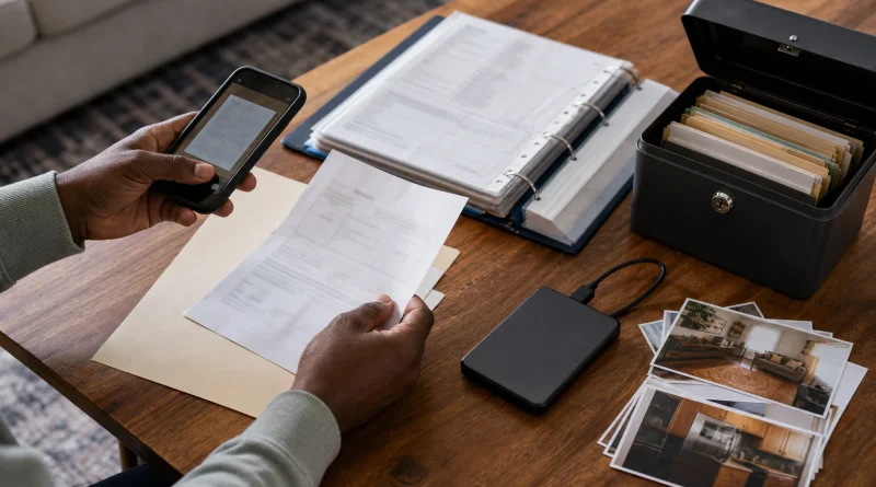 Dark-skinned hands scan a household document beside an organized binder, fire-resistant file box, backup drive, and home inventory photos