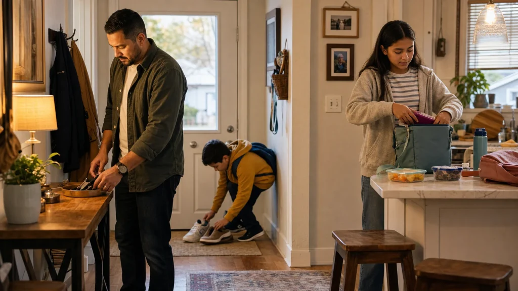 A Latino family puts away keys and shoes and packs lunch as part of a simple evening household routine
