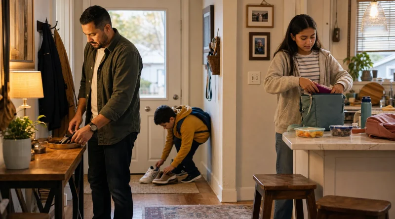 A Latino family puts away keys and shoes and packs lunch as part of a simple evening household routine