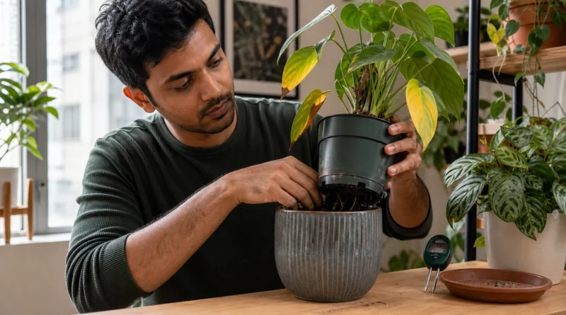 A South Asian man lifts a nursery pot to inspect drainage and roots while checking a houseplant with yellowing leaves