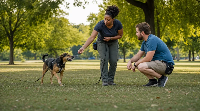 A Black woman dog trainer coaches an owner while a relaxed mixed-breed dog practices recall on a long line for a food reward