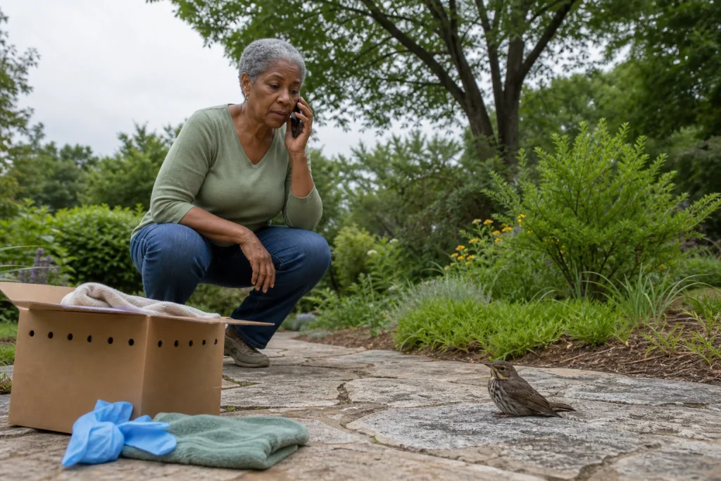 A woman keeps her distance from a wild bird while calling a wildlife rehabilitator