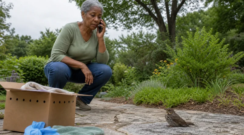 A woman keeps her distance from a wild bird while calling a wildlife rehabilitator
