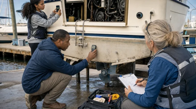 Used-boat buyers and a marine surveyor checking hull moisture, engine details, and inspection notes