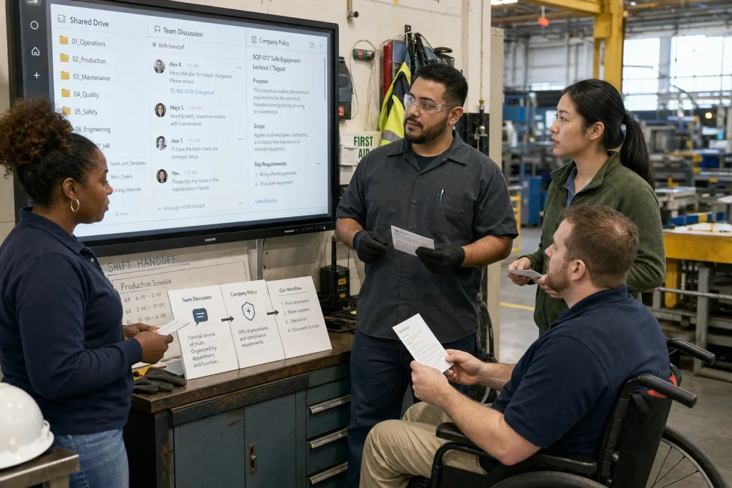 A manufacturing team comparing shared files, team discussions, company policies, and workflow needs at a shop-floor information station