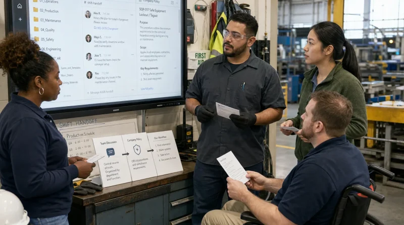 A manufacturing team comparing shared files, team discussions, company policies, and workflow needs at a shop-floor information station