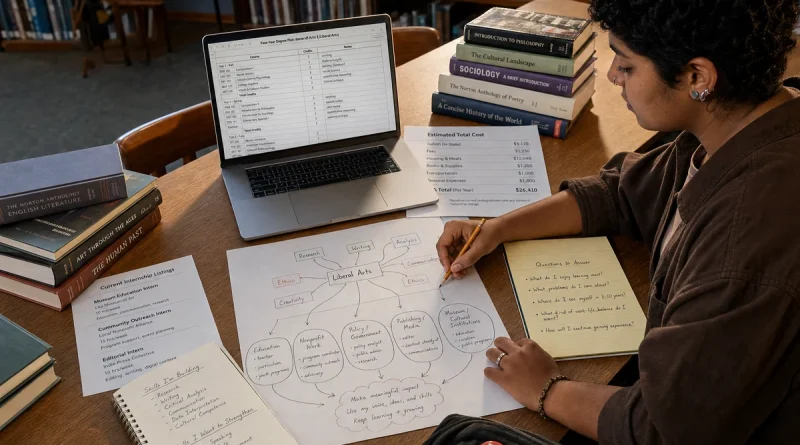 Student comparing liberal arts curriculum, total cost, skills, internships, and career paths