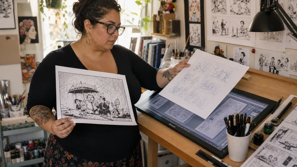 Cartoonist comparing a finished cartoon with custom rough sketches