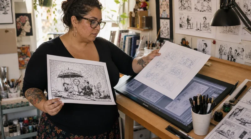 Cartoonist comparing a finished cartoon with custom rough sketches