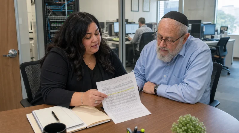 A small-business owner and managed IT representative reviewing service response terms in an office
