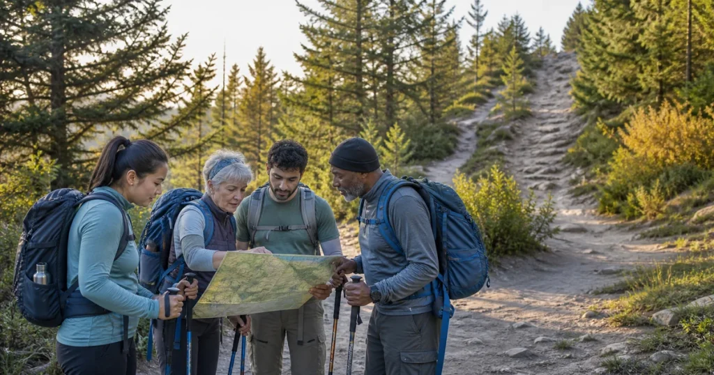 A mixed-ability group of hikers compares trail options on a topographic map before setting out