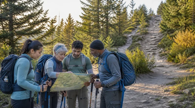 A mixed-ability group of hikers compares trail options on a topographic map before setting out