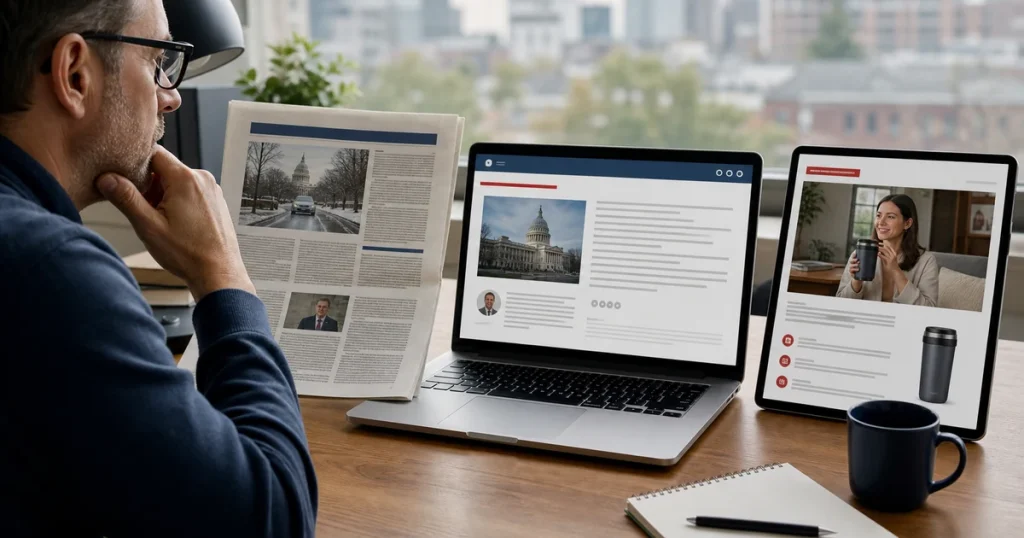 A reader compares news reporting, opinion, and paid promotional content across print and digital layouts