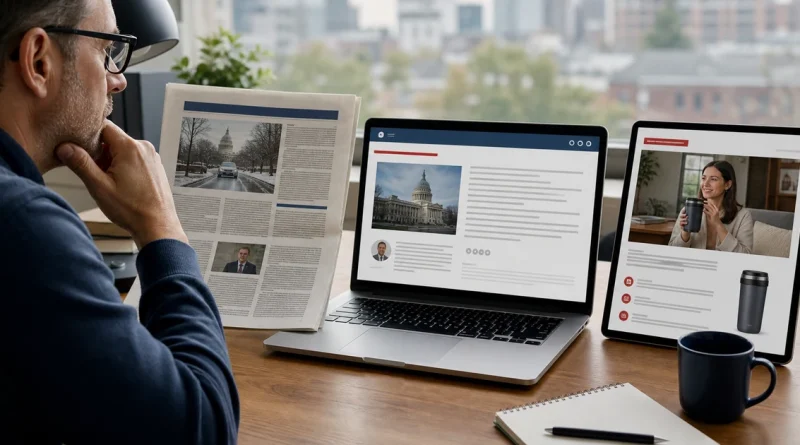 A reader compares news reporting, opinion, and paid promotional content across print and digital layouts