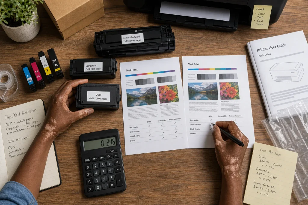 Hands comparing OEM, compatible, and remanufactured printer cartridges using test prints and page-yield calculations