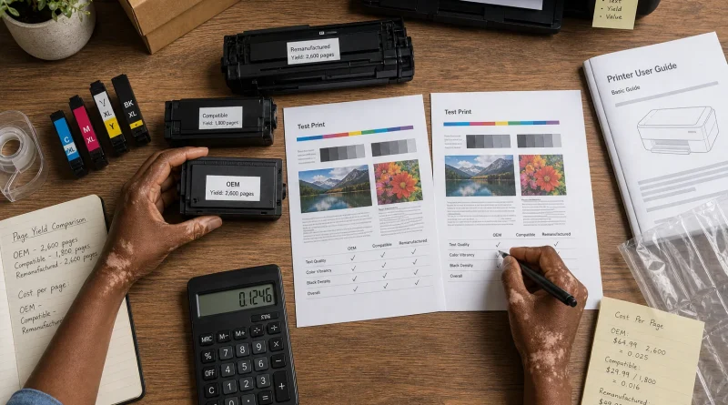 Hands comparing OEM, compatible, and remanufactured printer cartridges using test prints and page-yield calculations