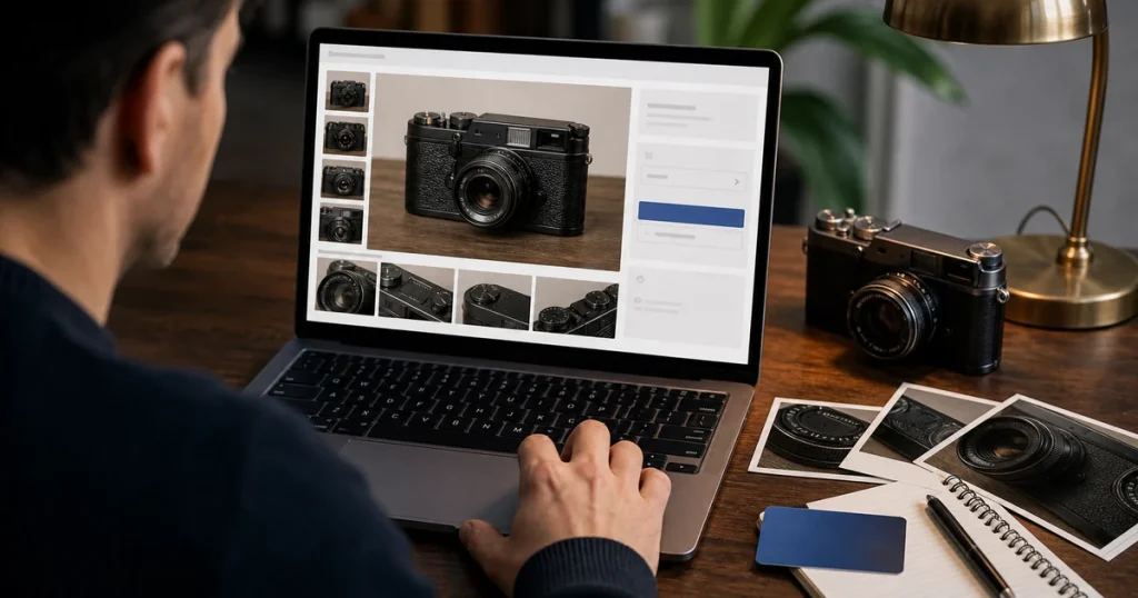 An online auction buyer studies detailed photographs of a vintage camera before bidding