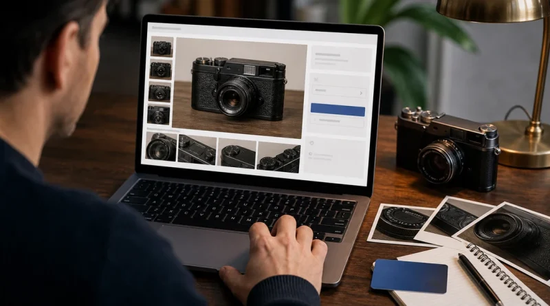 An online auction buyer studies detailed photographs of a vintage camera before bidding