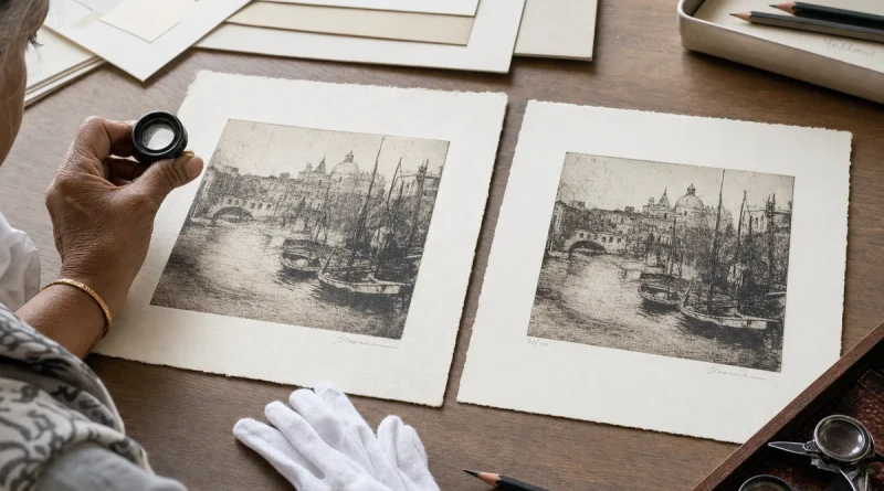 Collector examining an original fine-art print beside a reproduction