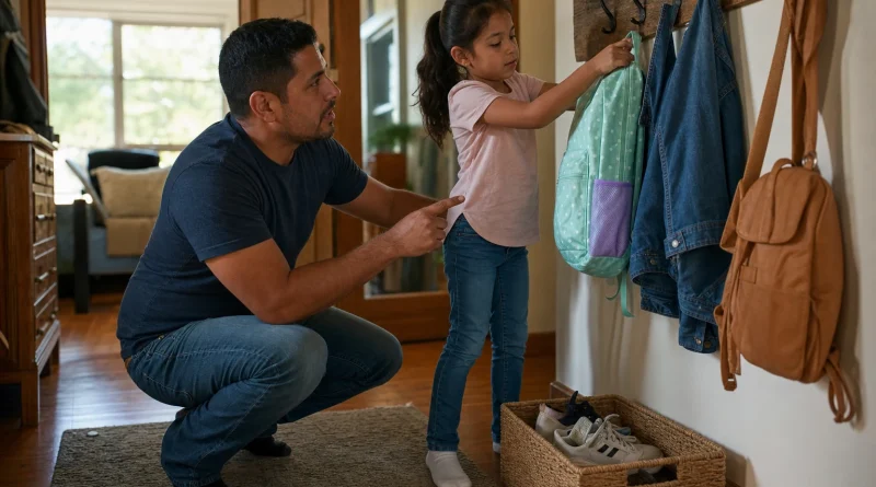 A father calmly guides his daughter as she practices putting her backpack away after school