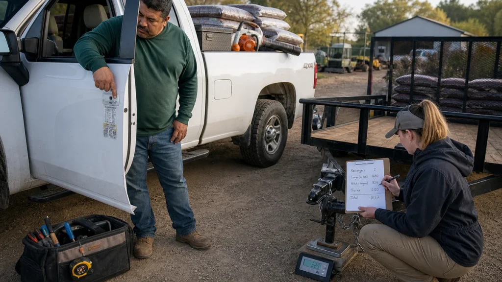 Truck owner and fleet technician checking payload label, bed cargo, trailer tongue weight, and load calculations