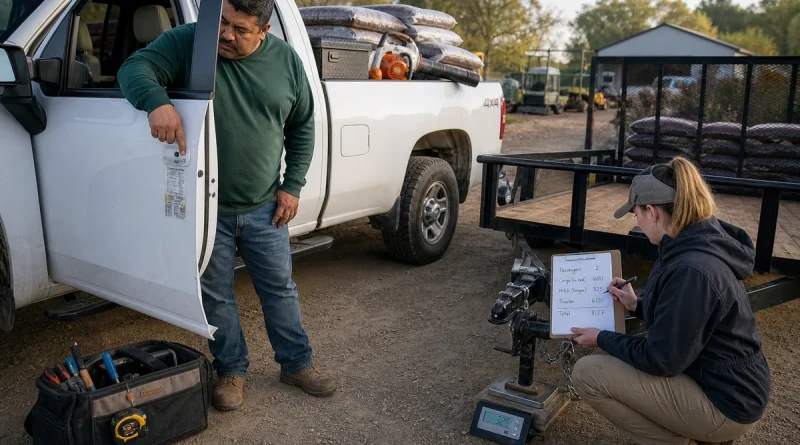 Truck owner and fleet technician checking payload label, bed cargo, trailer tongue weight, and load calculations