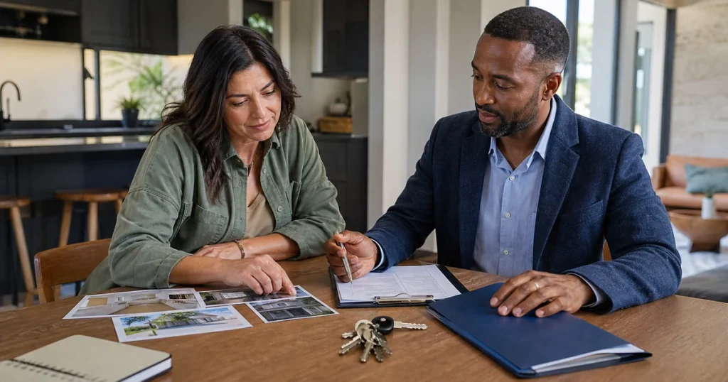 A property owner and property manager review home records and responsibilities before handing over the keys