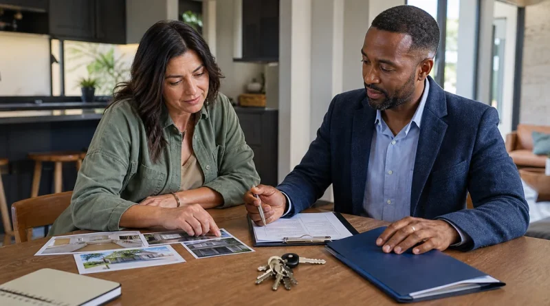 A property owner and property manager review home records and responsibilities before handing over the keys