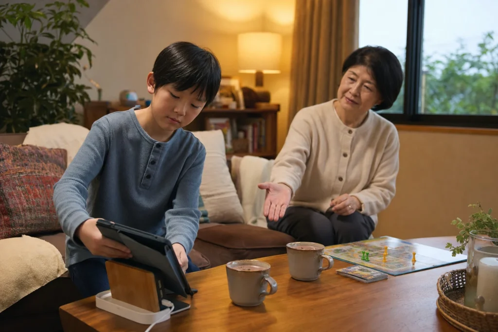 An East Asian child places a tablet on its charging stand while his grandmother gestures toward a board game