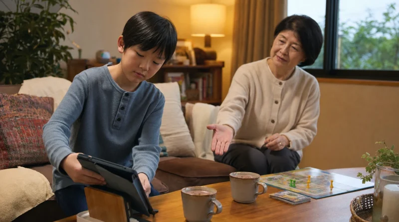 An East Asian child places a tablet on its charging stand while his grandmother gestures toward a board game