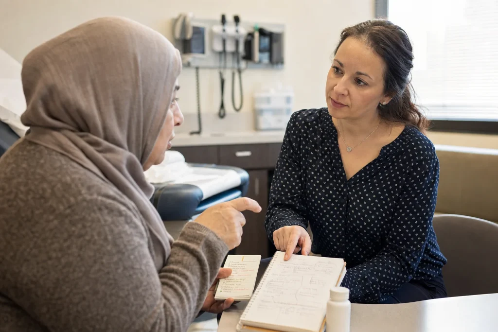 A patient uses a concise concern list while speaking with her physician during an appointment
