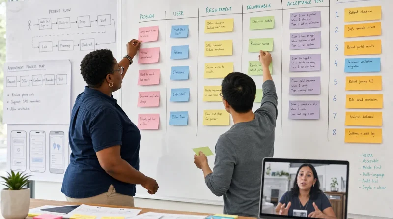 A founder and developer defining users, requirements, deliverables, acceptance tests, and backlog items before coding begins